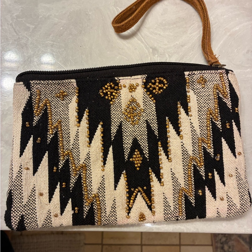 Artisan Black and Gold Beaded Wristlet